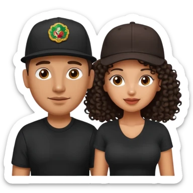 A picture of a cute tanned couple. the man is Mexican, with a bald hair cut wearing a SnapBack hat and a black shirt. the woman is mixed, she has curly longer dark brown hair, wearing no hat, and with big boobs  sticker