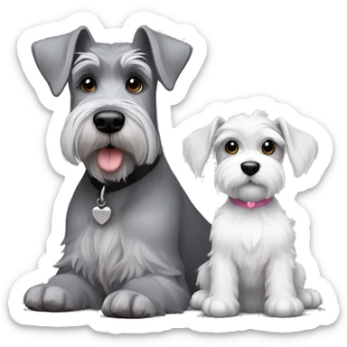 A big gray schnauzer with dark eyes next to a small all white puppy schnauzer sticker