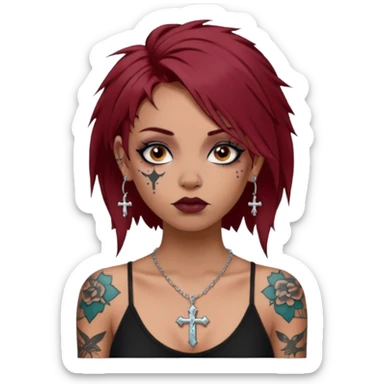 generate an ios genmoji of a girl with dark red messy hair with eyeliner on. septum piercing, wearing a cami black top, has tattoos, on shoulders. ear piercings. wearing a cross silver necklace sticker