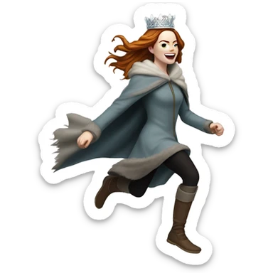 Emma Stone running, with a large stride and arms outstretched, wearing an icicle crown and winter cloak, long hair sticker