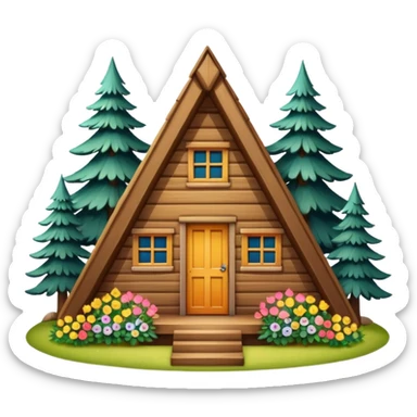 triangle small cabin in the woods, surrounded by pines, with flowers around sticker