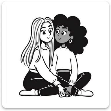 Full body of two teenage girls sitting together as friends, one white with straight blonde hair and one brown-skinned with curly black hair, both with heavy makeup, big lips, tight crop tops, hoop earrings, choni style urban clothing sticker