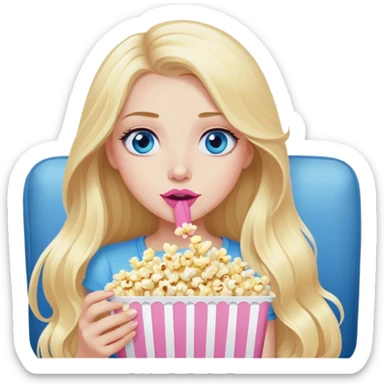 Cinematic realistic blonde with long hair, blue eyes and pink lips, watching TV and eating popcorn sticker