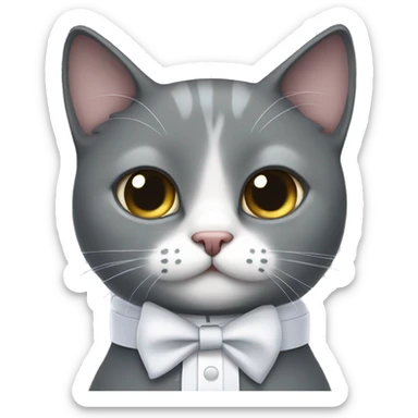 Grey cat wearing a white collar with bow sticker