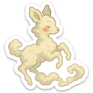 vanilla cloud doe with rosy cheeks, floating gracefully with witchy elegance, brand mascot for social media, Ghibli inspired sticker
