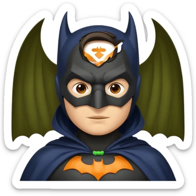 generate a batman emoji with just the face and neck showing and part of the cloak and and wings. Shade the bat logo on the chest in a bright  olive green. Shade the mask in dark navy blue.  Shade the cloak in a solid vibrant orange.  sticker