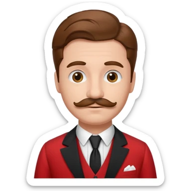 brown haired man with chaplin-mustache and red suit sticker