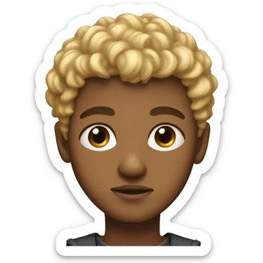 black eyes, very very curly blonde very short hair, boy, tan skin, serious face sticker