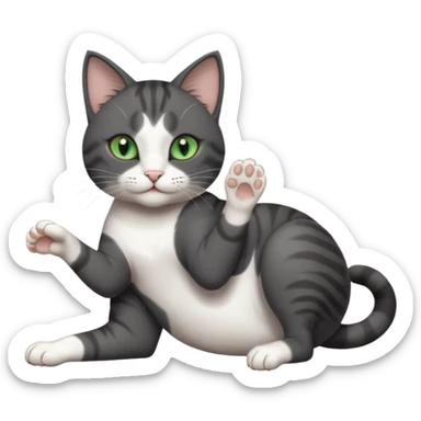 beautiful female solid dark grey cat with green eyes, white toes/paws and white patch on her chest playfully rolling upside down sticker