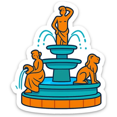 A vibrant cartoon illustration of a fountain with statues sticker