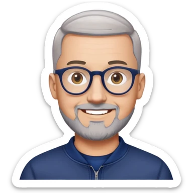 Man with light skin, oval face, buzz cut extremely short on top with faded sides, short peppered gray beard, large black-framed glasses, smiling face, broader body build, navy blue zip-front sweatshirt with long sleeves sticker