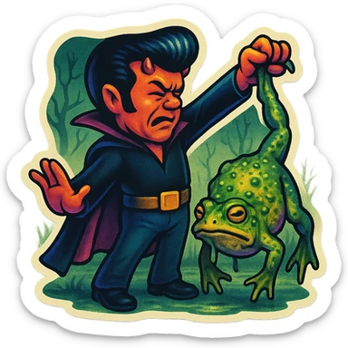 Retro sticker style with no borders on stickers. Helvis character with a short cape and very tiny horns, holding a giant slimy toad by one leg, arm outstretched, face turned away in disgust. Swampy background with a grim vibe maintained. sticker