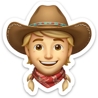 Clash of Clans aesthetic Playful Cowboy Portrait Emoji, Head tilted with a roguish, cheeky grin and twinkling eyes, featuring a compact, charming build with a jaunty hat and a friendly bandana, his natural skin tone adding authenticity, Simplified yet irresistibly charming features, highly detailed, glowing with a warm, inviting western glow, high shine, spirited and lively, stylized with an air of whimsical frontier mischief, soft glowing outline, capturing the essence of a playful cowboy exuding friendly rogue charm! sticker