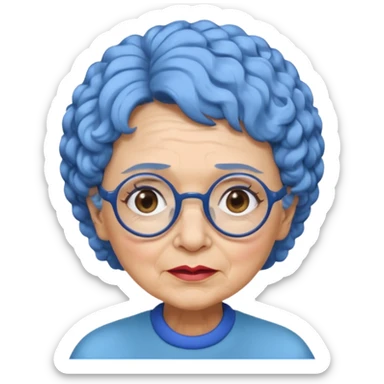 old lady with short, curly blue hair, matching blue eyebrows, light brown skin, round black glasses, and a neutral facial expression. sticker