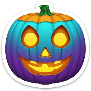futuristic jack-o'-lantern face emoji, purple and cyan colors only, dark background sticker