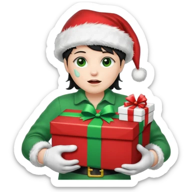appears to be a naughty list with the words "NAUGHTY" written on top of it. It is sad with tears and wearing a Santa hat and has green boots and gloves. It is holding a present-looking chest in it's hands with coal inside. sticker