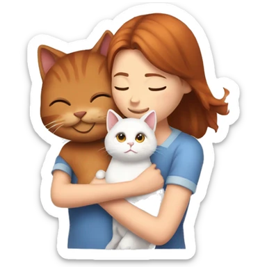 A red-and-white cat who is hugged by a girl with brown hair sticker