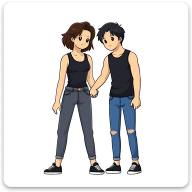 A girl with long brown hair holding the hand of a boy with short black hair, she wearing a black tank top with flared blue jeans, he wearing a black t-shirt with grey jeans, couple in love sticker