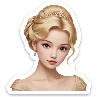 Cinematic Realistic Cinderella Portrait, depicted with lifelike skin texture, subtle rosy undertones, and soft natural lighting that enhances the gentle contours of her face. Her intricately detailed golden blonde hair is elegantly styled in an updo, with delicate wisps framing her face for added realism. Her deep, expressive blue eyes radiate warmth and sincerity, reflecting a quiet resilience and grace. She is dressed in her iconic ball gown, the fabric shimmering with intricate embroidery and fine translucent layers that catch the light beautifully. The soft sheen of satin gloves and the delicate sparkle of a glass-like slipper peeking from beneath her dress add a touch of magical realism. The portrait features an enchanting glow with a natural, luminous finish, seamlessly blending realism and fairytale charm to evoke a sense of depth, elegance, and timeless beauty. sticker