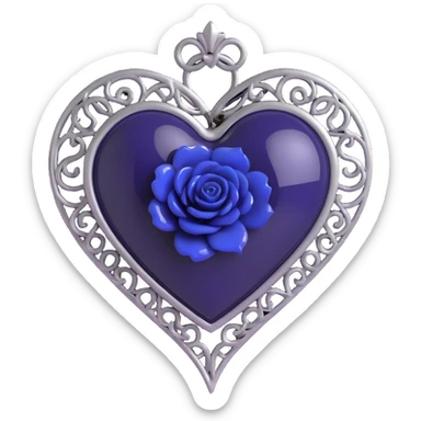 3D emoji gothic heart, deep indigo glass, silver filigree, black rose accent sticker