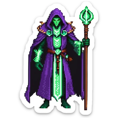warlock with purple robes, green fel magic, demonic energy, holding a staff, World of Warcraft character sticker