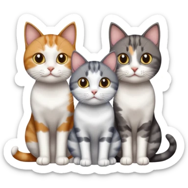3 different coloured short haired cats including; a dark brown tabby and white cat, and a dark grey and white  sticker