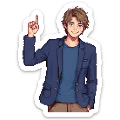 Flat pixel are, lively and clever male debater, fair skin, short messy light brown hair, sharp eyes with a mischievous smile, wearing indigo blazer over a casual t-shirt, one hand raised mid-gesture, waist-up, front-facing sticker