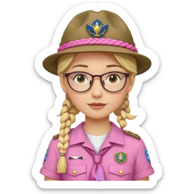 scout girl with pink scout uniform including hat, blonde braided haired and glassess sticker
