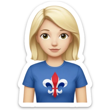 White woman with blonde hair holding a French flag in hand with a fleur-de-lily t-shirt sticker