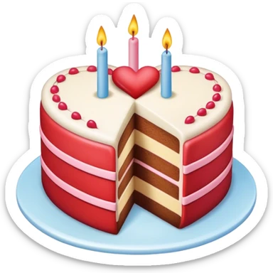 Heart shaped birthday cake divided in half. Each half has a different color sticker