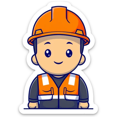 Chinese man wearing orange safety helmet and high visibility vest sticker