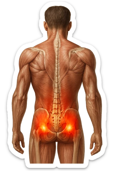 CORPO UMANO ANATOMICO REALISTICO DI SPALLE CON DOLORE ALLA LOMBARE INFIAMMATA, DOLORE ALL'ANCA, IPERREALISTICO 4K sticker