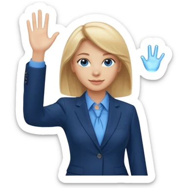 Make emoji of business woman with light skin and medium blonde hair in a dark blue business suit and light blue shirt waiving to new clients.  Woman should have sparkling blue eyes. sticker