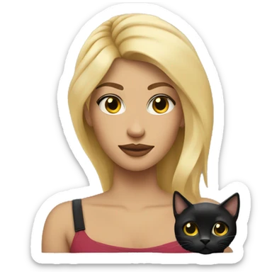 a woman with blond hair, tattoos on her arms and a black cat on the head  sticker