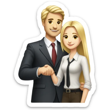 A 40-year-old fair-skinned businessman shakes hands with an 18-year-old fair-skinned blonde girl, full-length emoji, high details sticker