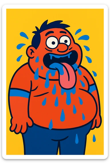 fat man drooling everywhere, tongue out, eyes open, vibrant toon style sticker