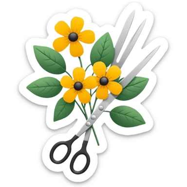 Minimalistic flat vector icon, iOS style, thin black contour on white background. Flower bouquet with leaves and scissors. No text, no shadows. sticker