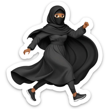 woman in a black niqab and oversized garments, running, dynamic pose sticker