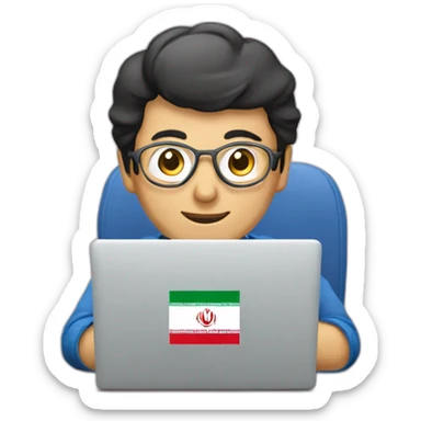 iraninan face , typing with laptop and iran logo sticker