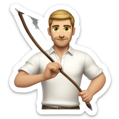 a male archer bending a bow, wearing a white shirt, very short brown hair, bright skin, only show upper part of the body from waist up sticker