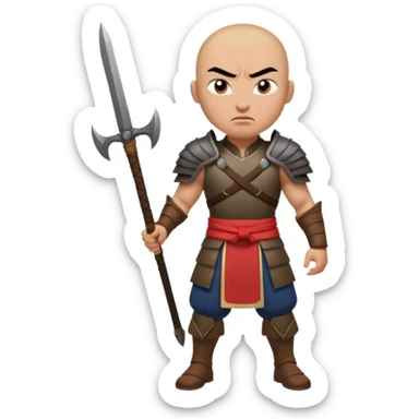 full body Hun warrior inspired by Mulan, barbaric, bald head, thick eyebrows, scowling, dark battle gear, wild appearance sticker