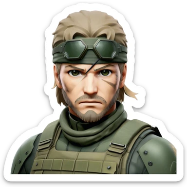 Cinematic Realistic Metal Gear Solid Snake Soldier Portrait, depicted with steely determination and tactical precision. Clad in intricately detailed combat attire in consistent muted greens, browns, and blacks, his rugged, weathered features and piercing eyes exude relentless resolve. Rendered with lifelike texture and dramatic, natural lighting, high shine, noble and stealthy, capturing the essence of a legendary soldier operating in the shadows. sticker