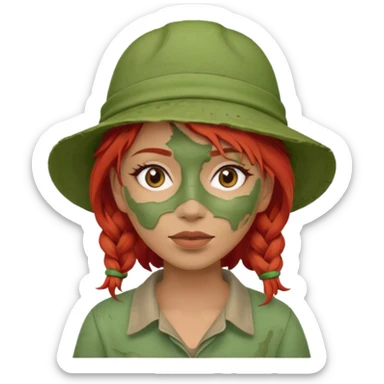 messy green full face clay mask and tourist hat red hair  sticker