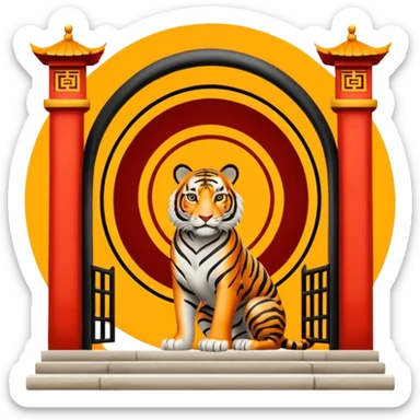 Traditional Chinese ink painting style emoji. A powerful tiger (like the ancient character 虎), standing guard in front of mystical gates (門). Energy swirls around him like a vortex (🌀). Minimalist, transparent background, 512x512 pixels. sticker