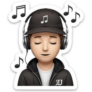 dj man white with baseball cap - rayban Sun Glasses 80s - brown hair - closed eyes with headphones on with musical note over head (listening to music ) - eyes closed no glasses - black hat  musical notes floating around head - DJ DLG written on hat sticker
