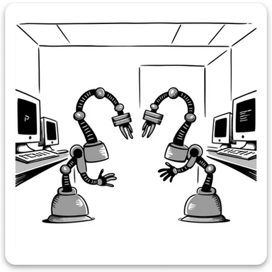 A robotics lab with mechanical arms and old CRT monitors sticker