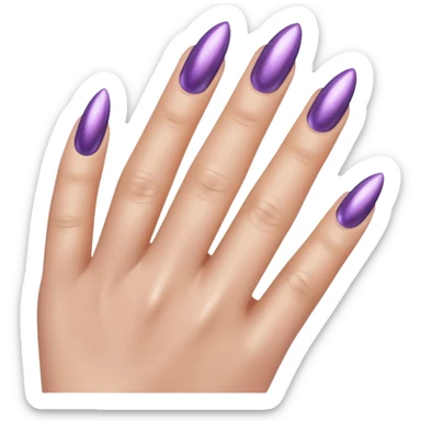 Close-up of a hand with long almond-shaped nails, deep lilac chrome shimmer polish, glossy finish sticker