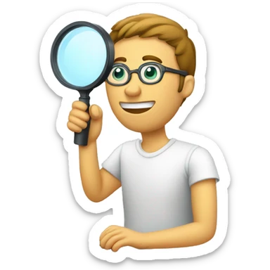 man using magnifying glass to read a computer monitor sticker