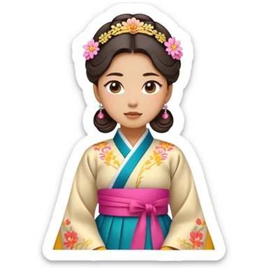 Cinematic Realistic Hanbok Emoji, depicted as a graceful intricately designed traditional Korean dress with vibrant colors and flowing lines, rendered with delicate textures and soft cultural lighting that captures its timeless elegance. sticker