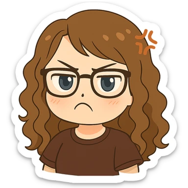 Create a chibi sticker emoji of the person in the reference image with glasses and curly hair, pouting and looking mad. The style should be cute and expressive with a transparent background. sticker